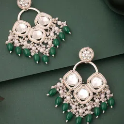 Lyriss Gold Plated Artificial Stone Studded & Beaded Diamond Shaped Drop Earrings-picture-45