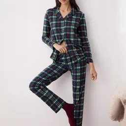 Trendyol Women Checked Lapel Collar Pure Cotton Shirt & Pyjamas Night suit-image-64