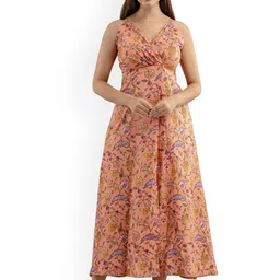 DMP FASHION Floral Printed Cotton V-Neck A-Line Dresses-image-4
