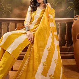 Sangria Women Striped Pure Cotton Straight Kurta & Trousers With Printed Dupatta image 5