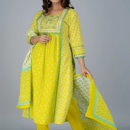 Drizzle Clicks Women Floral Embroidered Pure Cotton Kurta with Palazzos & Dupatta image 2