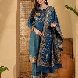 Sangria Ethnic Motifs Woven Design Winter Pashmina Unstitched Dress Material-image-97