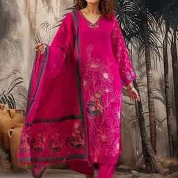 Sangria Women Ethnic Motifs Printed V-Neck Regular Straight Calf Length Kurta Set-picture-36