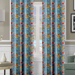 Cortina Blue & Red 2 Pieces Floral Printed Black Out Long Door Curtains-picture-34
