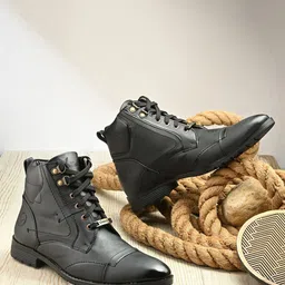 Vellinto Men Round-Toe Lace-Ups Mid-Top Biker Boots With Buckle Detail-picture-20