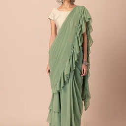 INDYA Green Georgette Ruffled Pre-Stitched Saree image 1