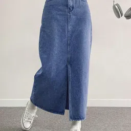 SZN Women Front Slit Denim Straight Maxi Skirt-picture-19