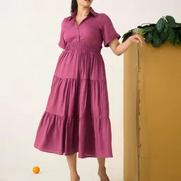 The Roadster Lifestyle Co. Women Smocked Shirt Collar Neck Fit-Flare Midi Dress-picture-27