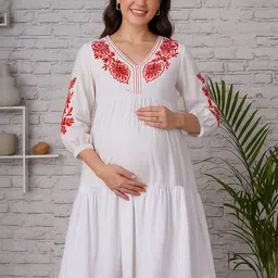 angloindu Ann Women Floral Embroidered V-Neck Maternity Cotton A-Line Dress-image-52