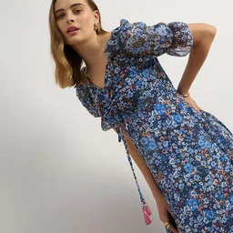 Miss Chase Soft Spoken Storm Women Floral Printed V-Neck Fit & Flare Midi Dress image 4