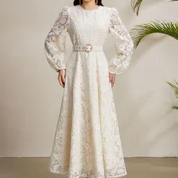 JC Collection Women Self Design Round Neck Puff Sleeves Schifli Fit And Flare Midi Dress-picture-40