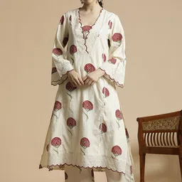Anouk Floral Printed V-Neck Regular Pure Cotton A-Line Kurta with Palazzo image 1