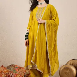 VredeVogel Floral Embroidered Panelled Thread Work A-Line Kurta With Trousers & Dupatta-picture-47