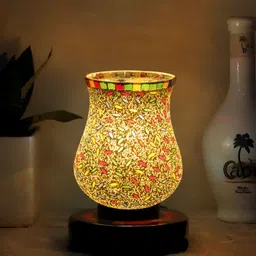 Aura White & Red Textured Abstract Shaped Glass Table Lamp With Wooden Base image 3