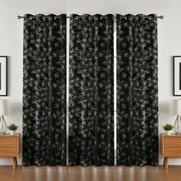 GEET CREATIONS Black & Grey Set of 3 Floral Room Darkening Long Door Curtain-picture-33