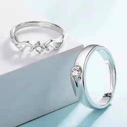 Jewels Galaxy Valentine's Set Of 2 Silver-Plated CZ Studded Adjustable Couple Finger Rings-picture-21