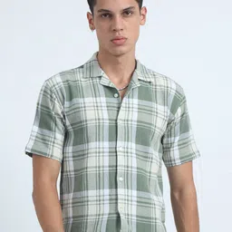 NEVER NEUD Men Standard Oversized Fit Cuban Collar Tartan Checked Casual Shirt-picture-34