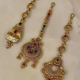 Anouk Set Of 3 Gold-Plated Artificial Stones Studded And Beaded Maang Tikkas-picture-28