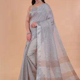 NEGRONI Striped Woven Design Border Zari Khadi Saree With Blouse Piece image 4