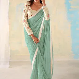 Saree mall Sea Green & White Embellished Sequinned Pure Georgette Sarees-picture-12