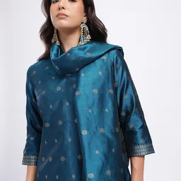 Anouk Rustic Ethnic Motif Woven Design Notched Round Neck Kurta With Trousers & Dupatta-picture-11