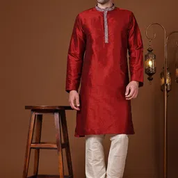 SKAVIJ Mandarin Collar Long Sleeves Thread Work Straight Kurta with Churidar image 1