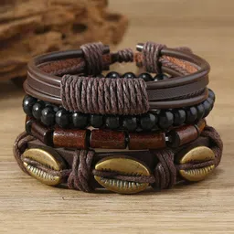 VIEN Men Set Of 4 Leather Multilayer Wraparound Bohemian Bracelet-picture-38