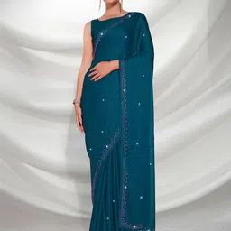 Mitera Teal Blue Embellished Beads & Stones Satin Saree-picture-25