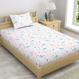 haus & kinder Under The Sea White & Blue 130 TC Pure Cotton Single Bedsheet with 1 Pillow Covers-picture-13