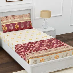 AVI Maroon & Beige Ethnic Motifs 180 TC Single Bedsheet with 1 Pillow Covers-image-30