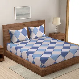 MODEFE Blue & White Geometric Microfiber 144 TC Queen Bedsheet with 2 Pillow Covers-picture-42