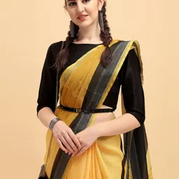 Sangria Mustard & Black Zari Pure Linen Saree-picture-11