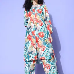 KALINI Floral Printed Mandarin Collar Puffed Sleeves Regular Kurta with Trousers-picture-35