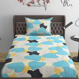 YaAkholic Turquoise Blue & Grey Floral 210 TC Single Bedsheet with 1 Pillow Covers-image-18