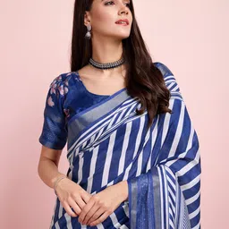 Mitera Striped Sequinned Zari Woven Saree with Blouse-image-6