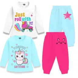 BERRYJOY Girls Pack Of 2 Round Neck Printed T-shirt With Joggers-image-5