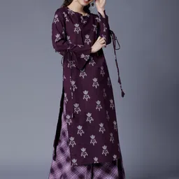 Vishudh Women Purple & Grey Printed Kurta with Checked Palazzos image 1