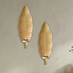 Art Street Set of 2 Yellow & Silver Toned Leaf Shape Tea Light Candle Holder-image-41