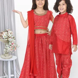 BownBee Girls Red & Gold-Toned Embellished Ready to Wear Lehenga & Blouse with Dupatta-picture-42