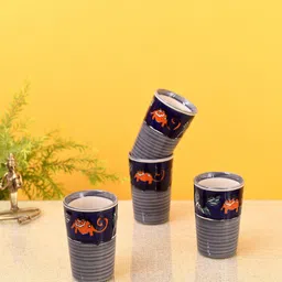 AAKRITI ART CREATIONS Grey & Blue Set Of 4 Printed Ceramic Glossy Kulladhs Glasses-image-40