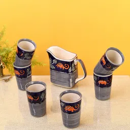 AAKRITI ART CREATIONS Set Of 7 Blue & Orange Printed Ceramic Matte Drinking Glasses & Jug-image-49