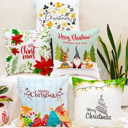 STITCHNEST Blue & White Set of 5 Christmas Featuring Square Cushion Covers-image-10