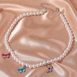 Yellow Chimes White Gold-Plated Pearl & Butterfly Chain Necklace-picture-12