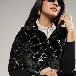 Campus Sutra Black Self Design Windcheater Fur Trim Bomber Jacket-picture-35