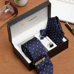 MUTAQINOTI Men Multi Checks Blue Silk Necktie Accessory Gift Set-image-98