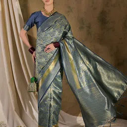 Sangria Ethnic Motif Zari Woven Tassel Detail Banarasi Saree with Blouse-picture-38