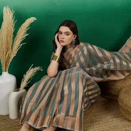 Sangria Zari Woven Striped Kanjeevaram Saree With Blouse Piece-picture-36