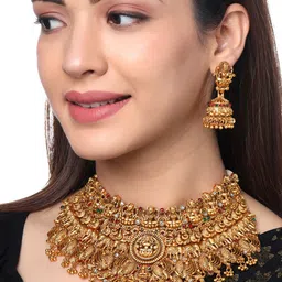 Yellow Chimes Gold Plated Traditional Temple Beads Drop Bridal Choker Necklace Set-picture-35