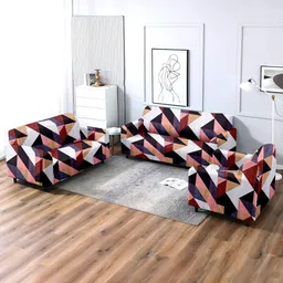 Cortina 3 Pcs Maroon & Pink Geometric Printed Stretchable 5-Seater Sofa Cover Set-picture-12