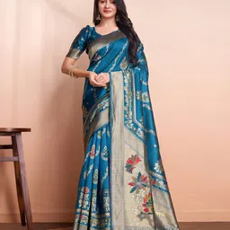 RICH & ROMAN Ethnic Motifs Zari Pure Silk Banarasi Saree-picture-27